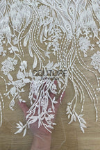 Floral Lace: White Sheer Tulle with Embroidered Peacock Feather Plumes and Beaded Floral Spray Gradient, 3 Meters