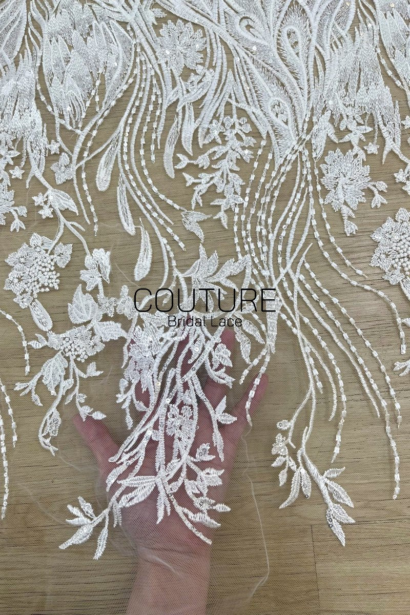 Floral Lace: White Sheer Tulle with Embroidered Peacock Feather Plumes and Beaded Floral Spray Gradient, 3 Meters