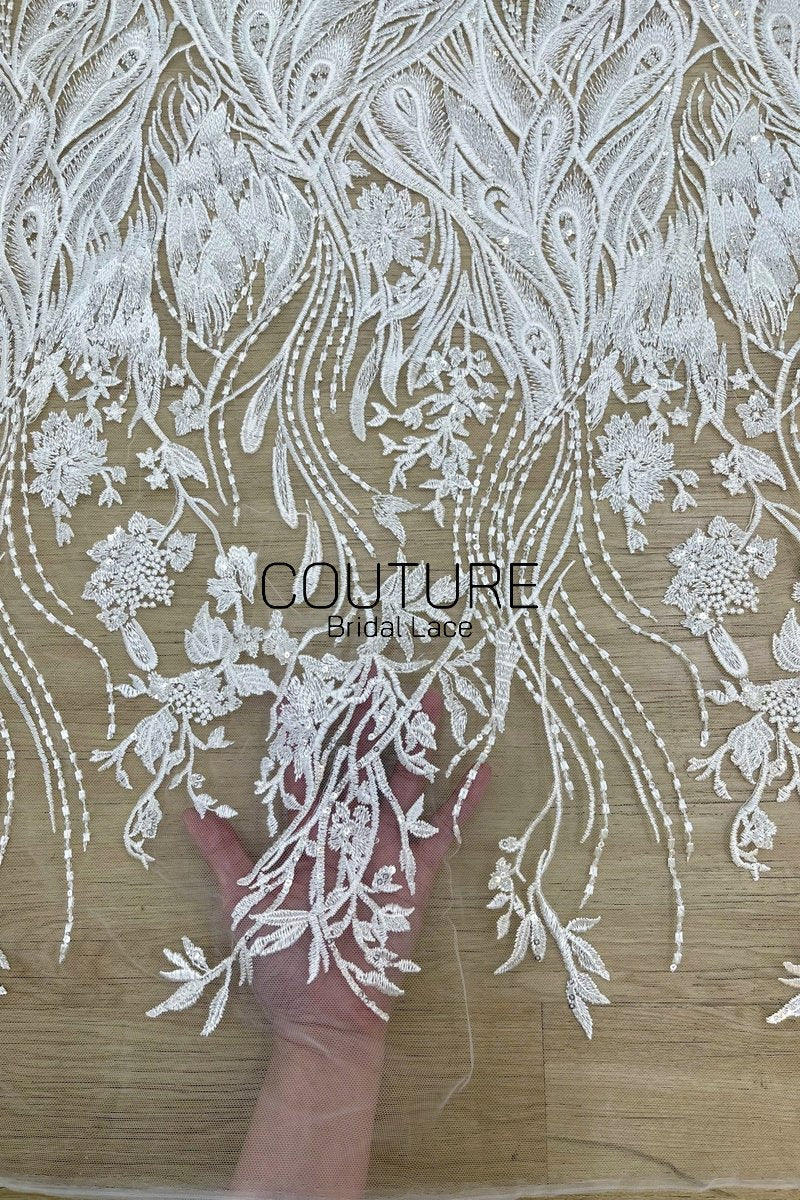 Floral Lace: White Sheer Tulle with Embroidered Peacock Feather Plumes and Beaded Floral Spray Gradient, 3 Meters