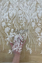 Floral Lace: White Sheer Tulle with Embroidered Peacock Feather Plumes and Beaded Floral Spray Gradient, 3 Meters