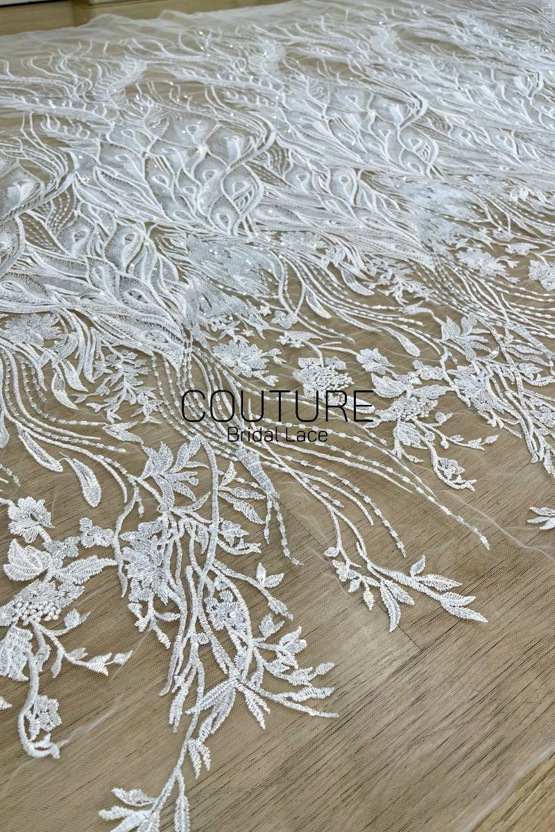 Floral Lace: White Sheer Tulle with Embroidered Peacock Feather Plumes and Beaded Floral Spray Gradient, 3 Meters