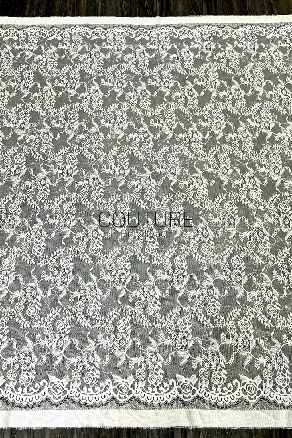 Sequins Chantilly Lace: White Floral Rose and Leaf Motifs with Scalloped Floral Edge with Eyelash Fringes, 3 Meters