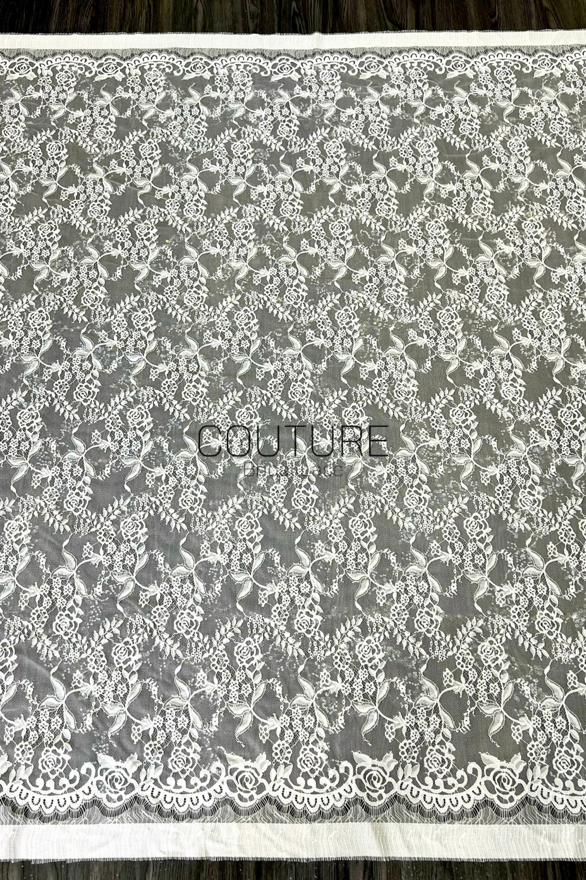 Sequins Chantilly Lace: White Floral Rose and Leaf Motifs with Scalloped Floral Edge with Eyelash Fringes, 3 Meters
