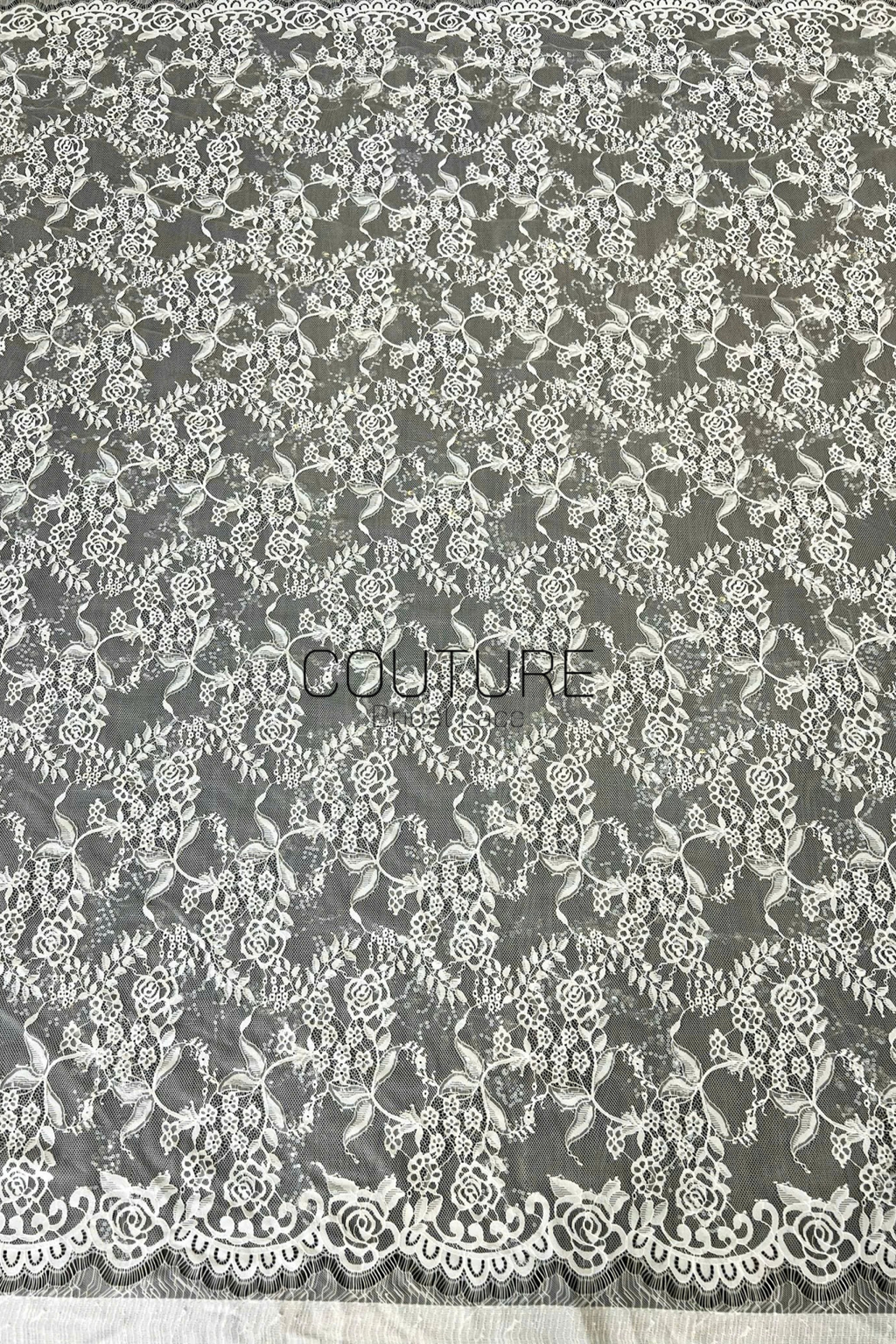 Sequins Chantilly Lace: White Floral Rose and Leaf Motifs with Scalloped Floral Edge with Eyelash Fringes, 3 Meters