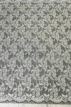 Sequins Chantilly Lace: White Floral Rose and Leaf Motifs with Scalloped Floral Edge with Eyelash Fringes, 3 Meters