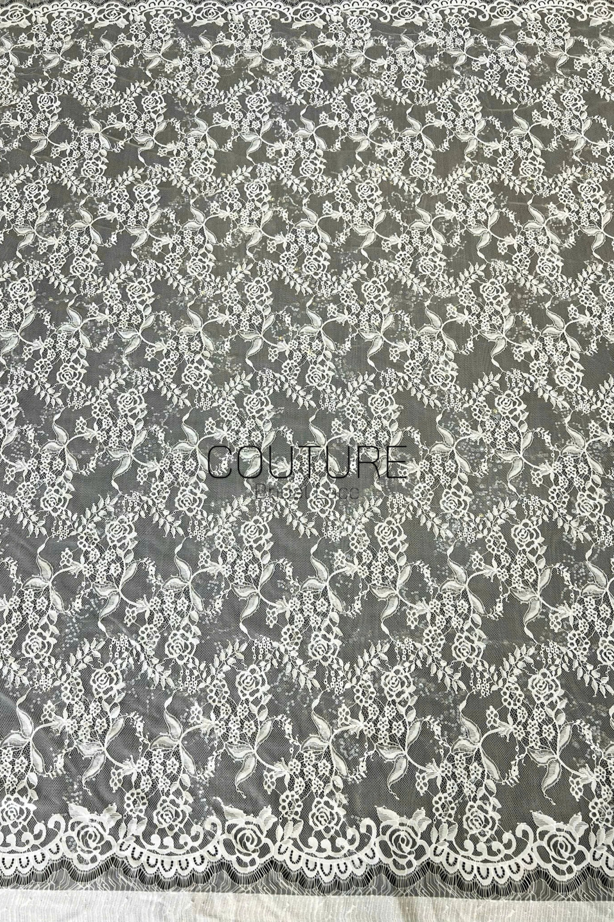 Sequins Chantilly Lace: White Floral Rose and Leaf Motifs with Scalloped Floral Edge with Eyelash Fringes, 3 Meters
