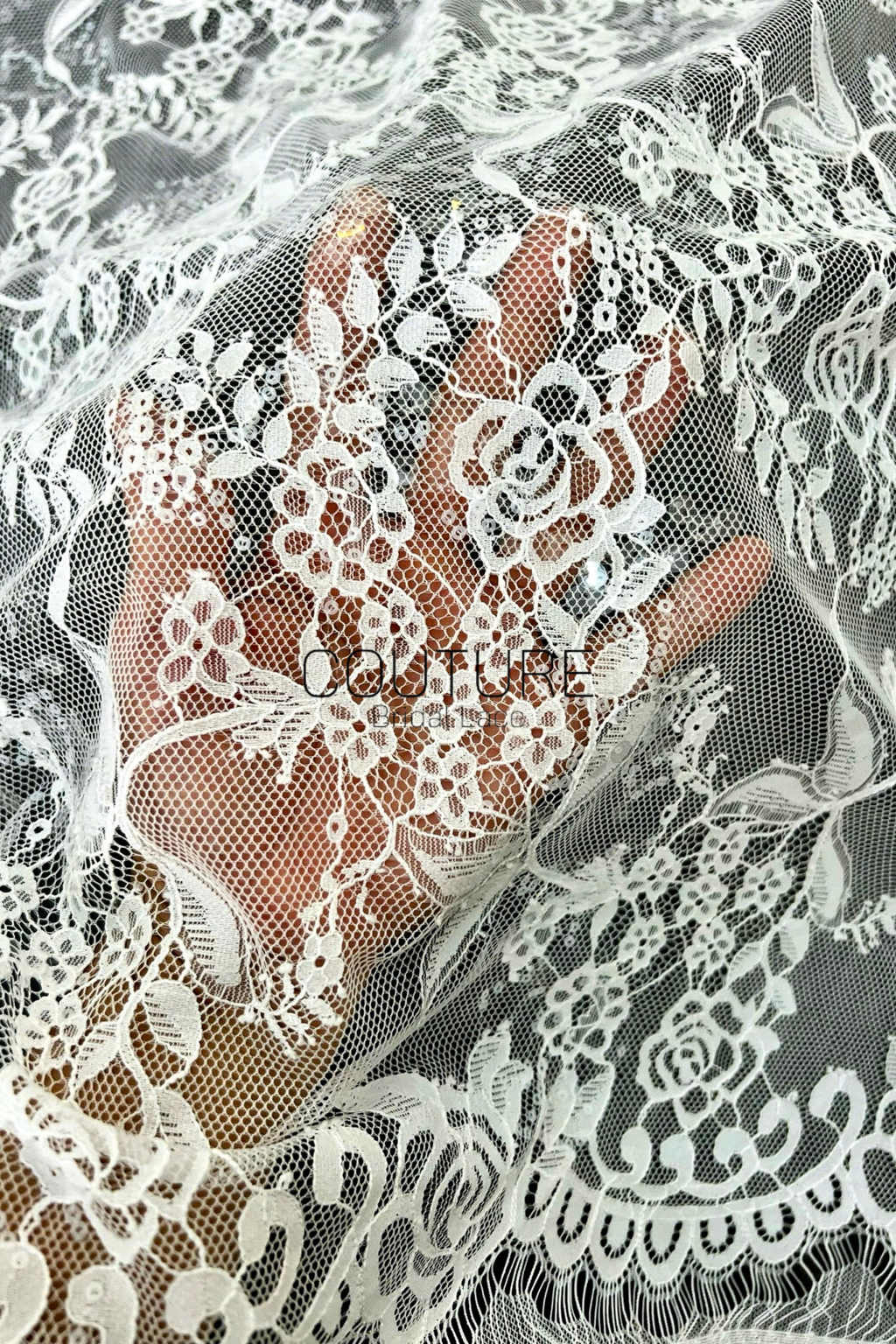 Sequins Chantilly Lace: White Floral Rose and Leaf Motifs with Scalloped Floral Edge with Eyelash Fringes, 3 Meters