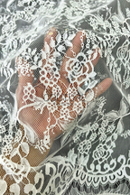 Sequins Chantilly Lace: White Floral Rose and Leaf Motifs with Scalloped Floral Edge with Eyelash Fringes, 3 Meters