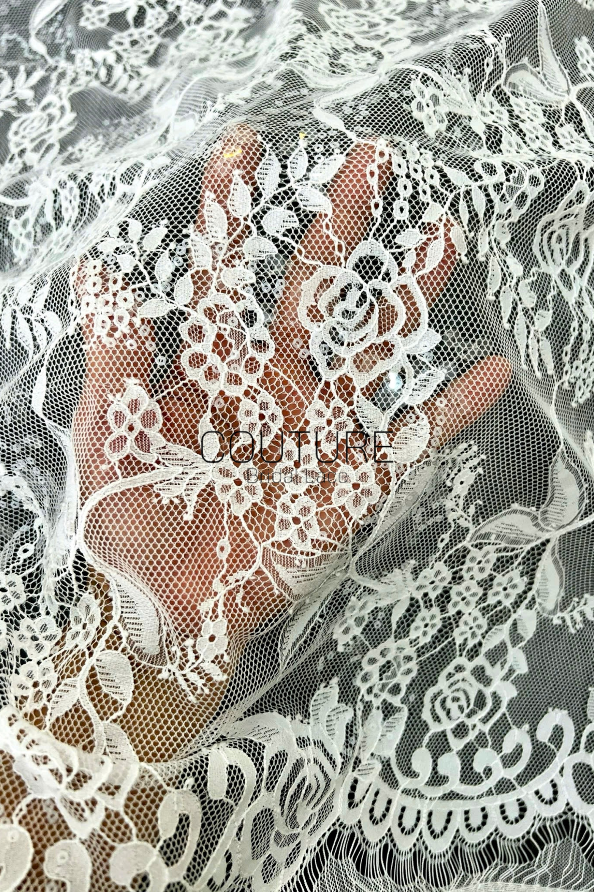Sequins Chantilly Lace: White Floral Rose and Leaf Motifs with Scalloped Floral Edge with Eyelash Fringes, 3 Meters