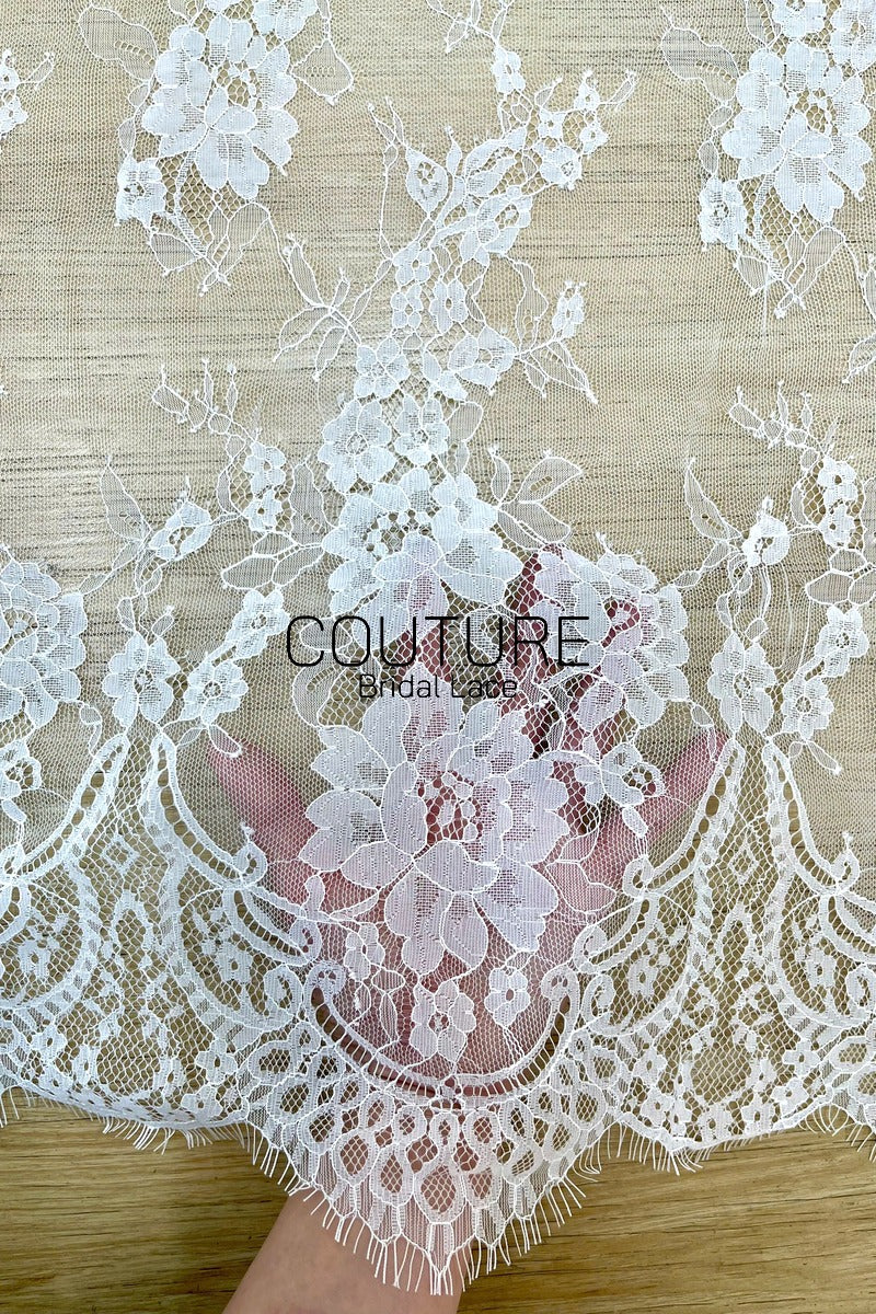 Chantilly Lace: White Cascading Floral Vine Columns with Arch Openwork Eyelash Scalloped Border, 3 Meters