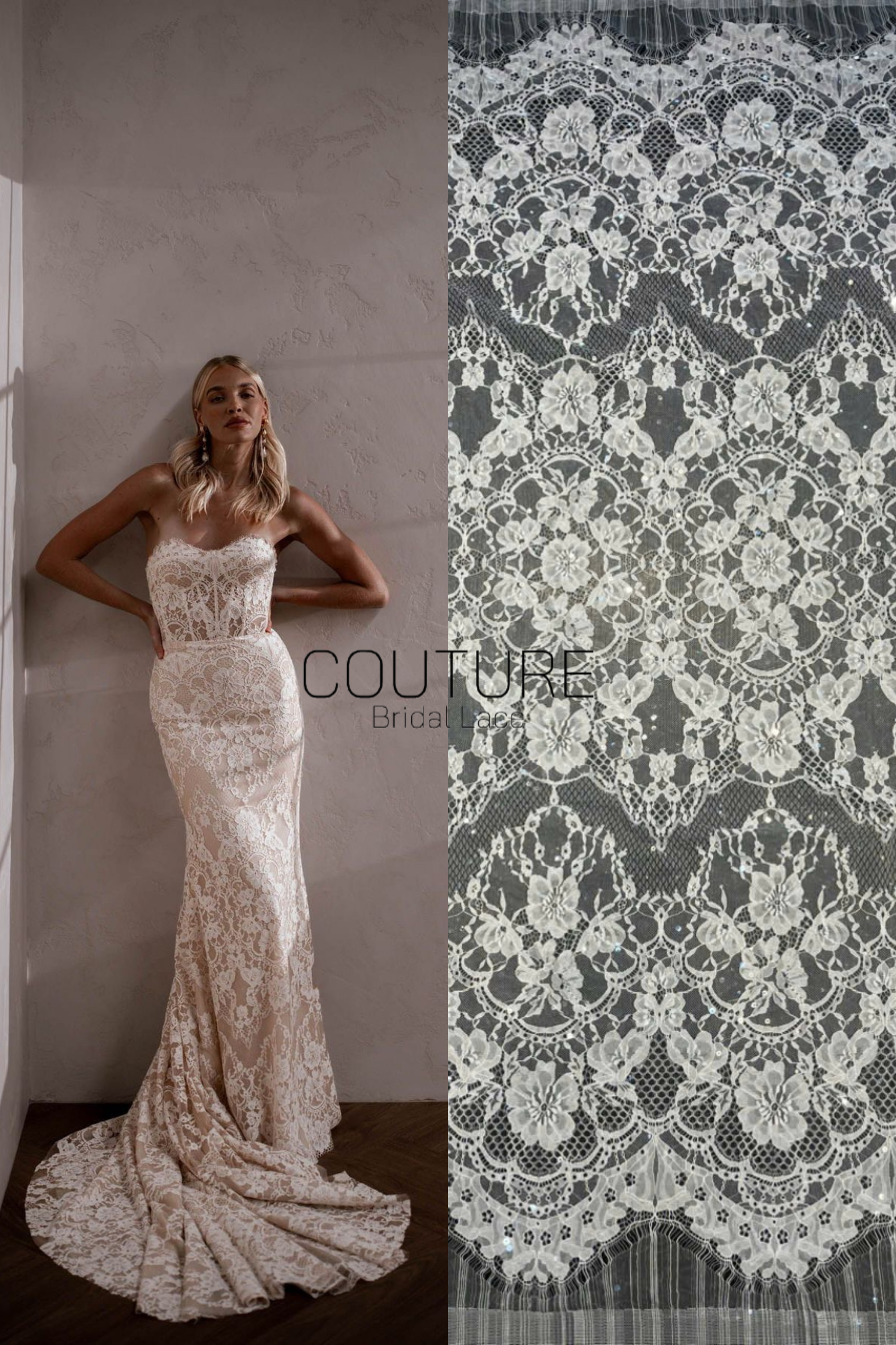 Chantilly French Lace: Couture Fabric with Floral and Clear Sequins (3 Meters)