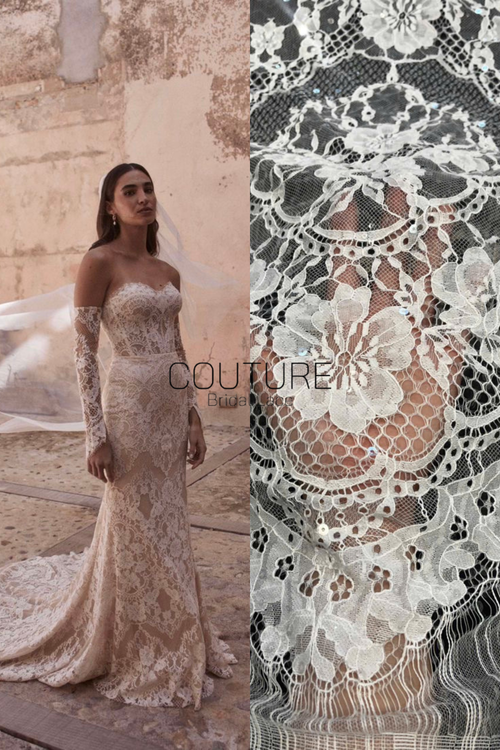 Chantilly French Lace: Couture Fabric with Floral and Clear Sequins (3 Meters)