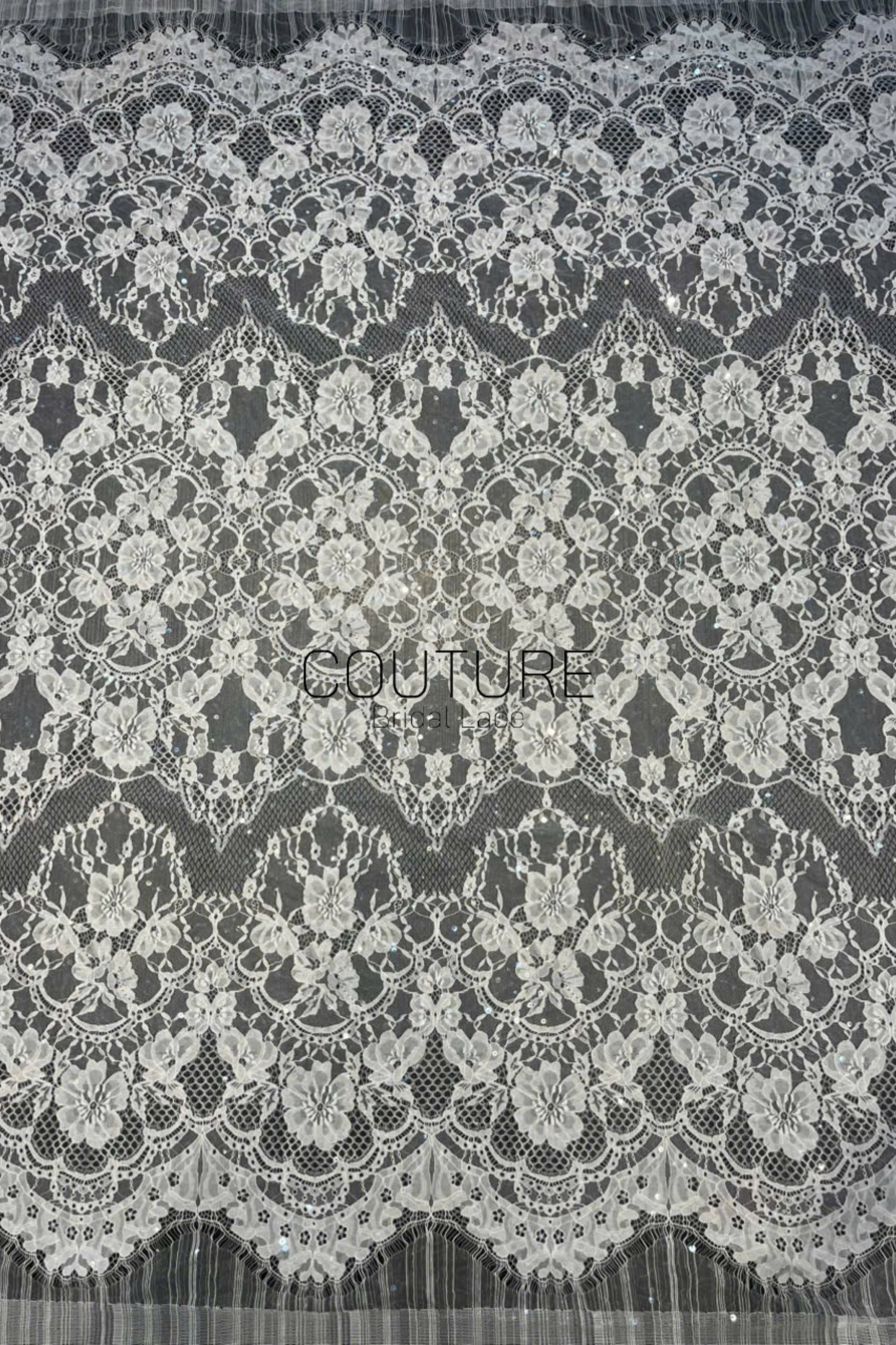 Chantilly French Lace: Couture Fabric with Floral and Clear Sequins (3 Meters)