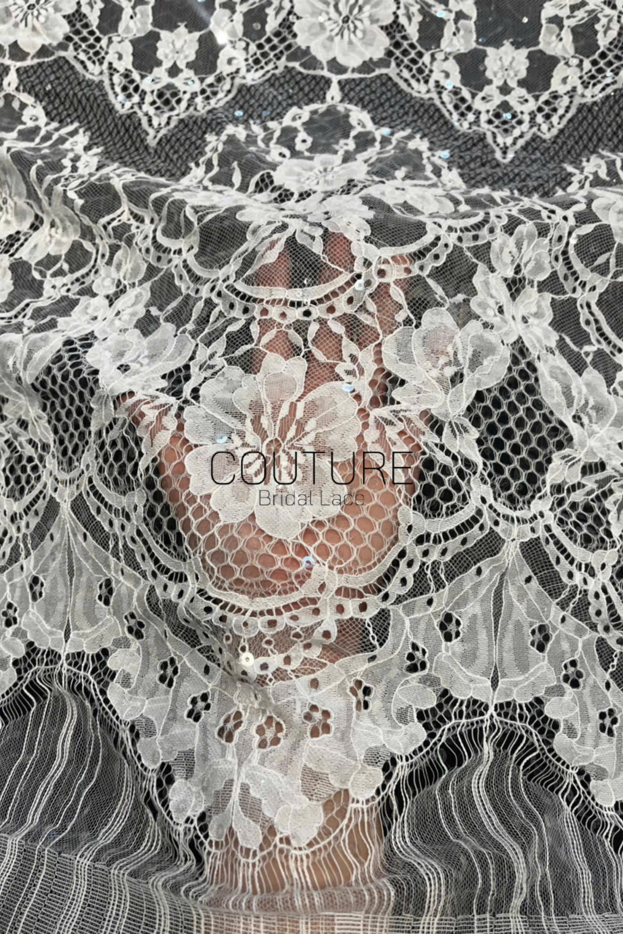 Chantilly French Lace: Couture Fabric with Floral and Clear Sequins (3 Meters)