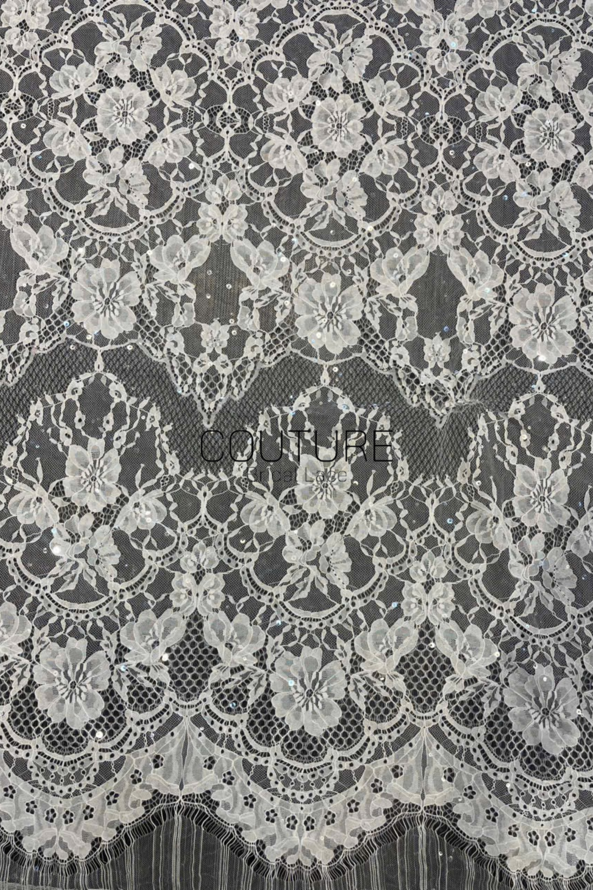 Chantilly French Lace: Couture Fabric with Floral and Clear Sequins (3 Meters)