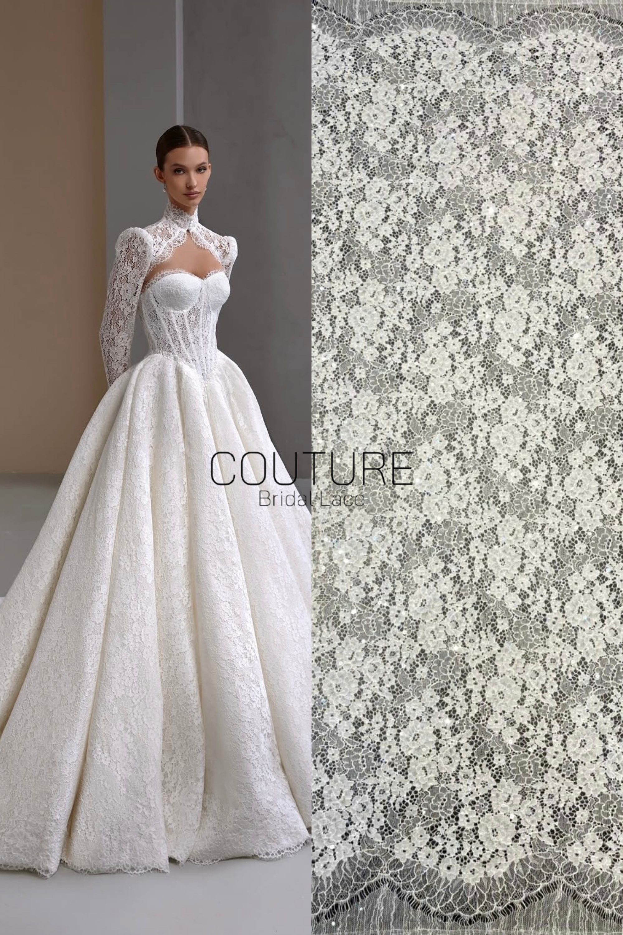 Chantilly French Lace: Light Ivory Couture Fabric with Clear Sequins (3 Meters)