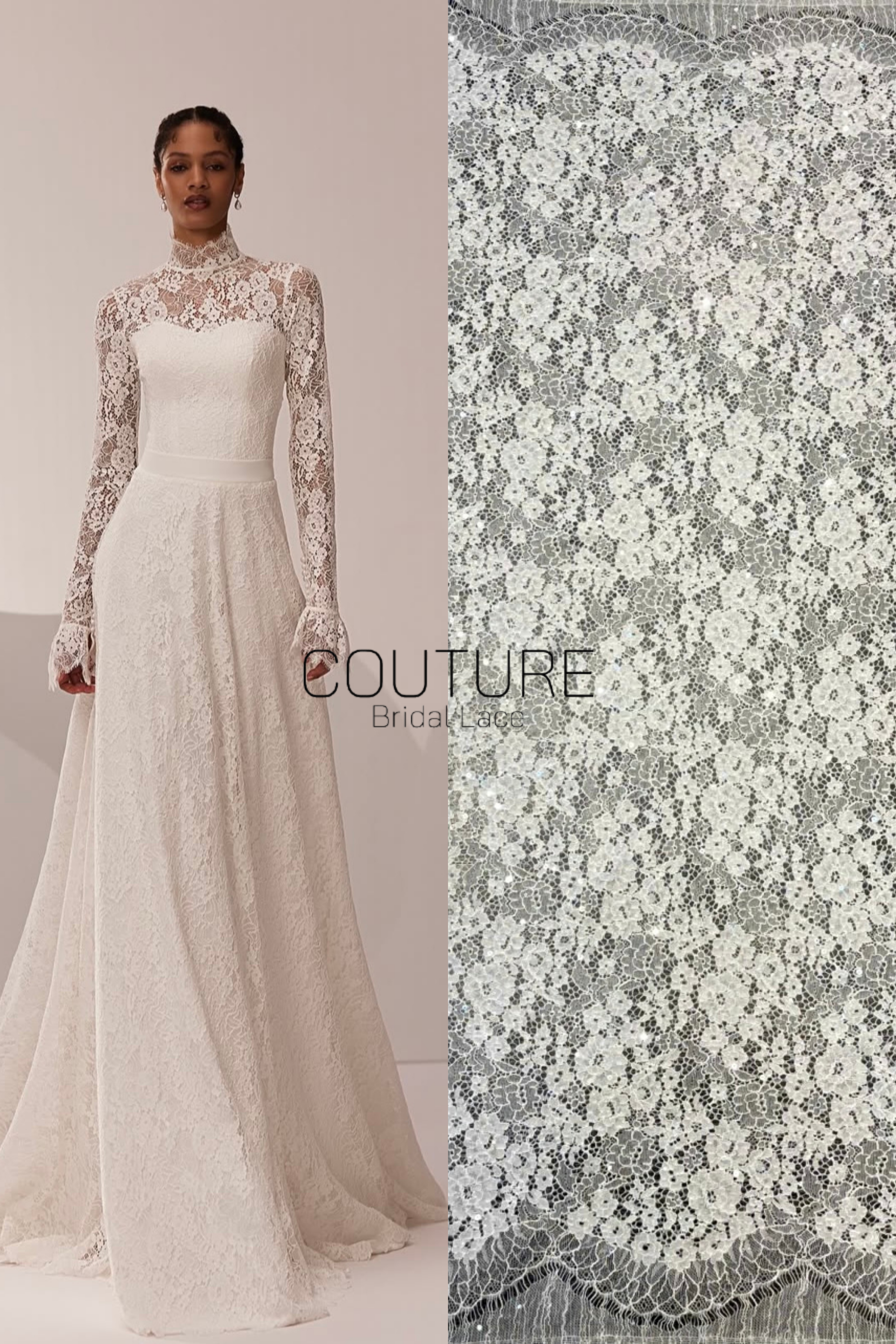 Chantilly French Lace: Light Ivory Couture Fabric with Clear Sequins (3 Meters)