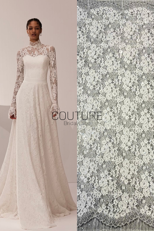 Chantilly French Lace: Light Ivory Couture Fabric with Clear Sequins (3 Meters)