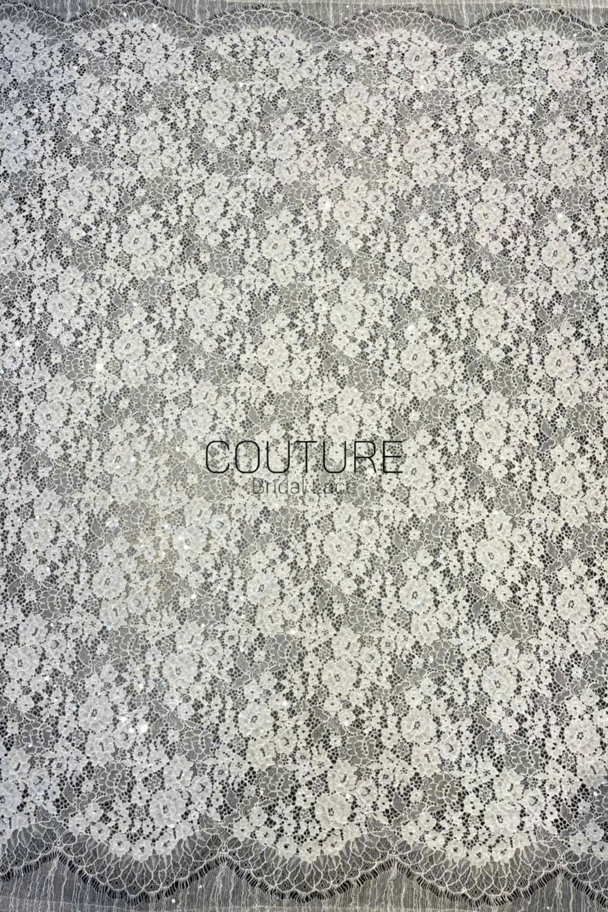 Chantilly French Lace: Light Ivory Couture Fabric with Clear Sequins (3 Meters)