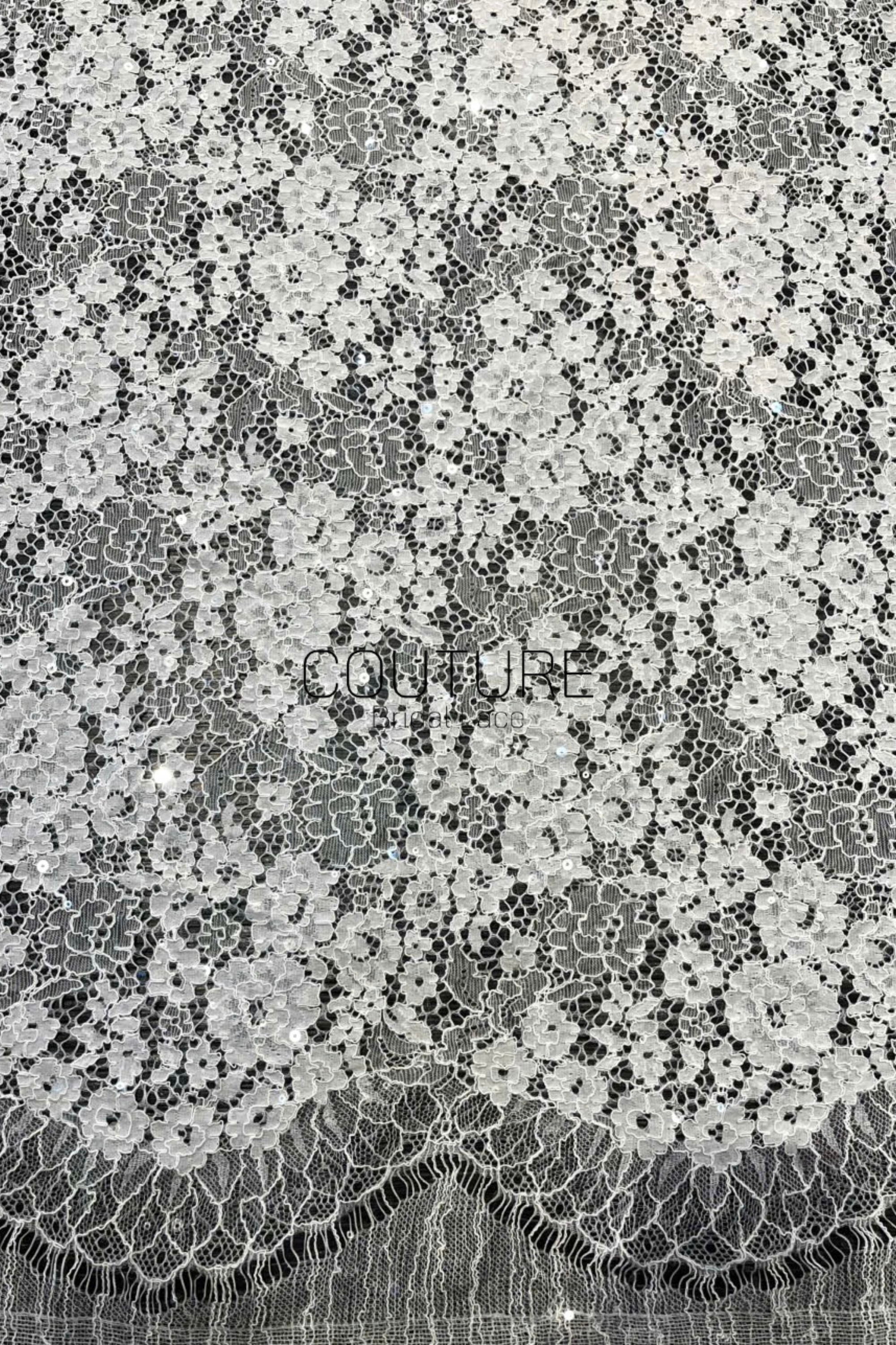 Chantilly French Lace: Light Ivory Couture Fabric with Clear Sequins (3 Meters)