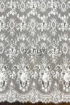 Chantilly Lace: White Dense Floral Medallion Damask Allover with Arch Ribbon Scalloped Border, 3 Meters
