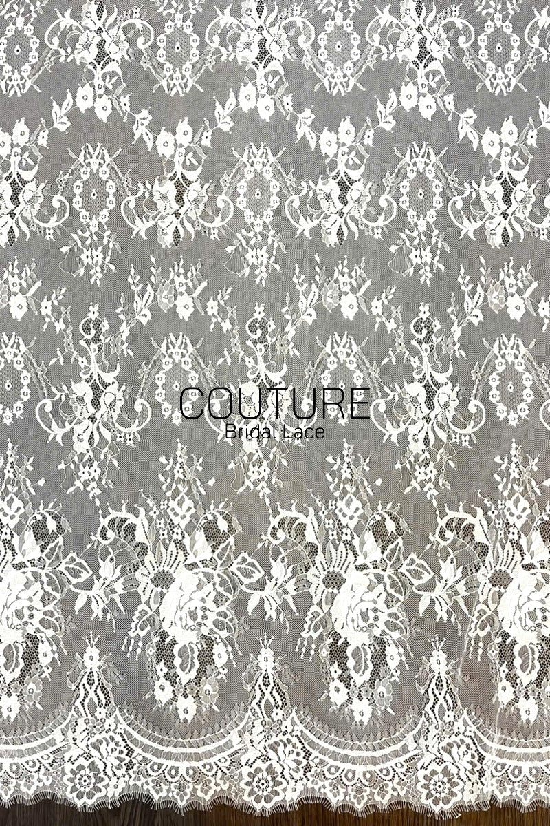 Chantilly Lace: White Dense Floral Medallion Damask Allover with Arch Ribbon Scalloped Border, 3 Meters
