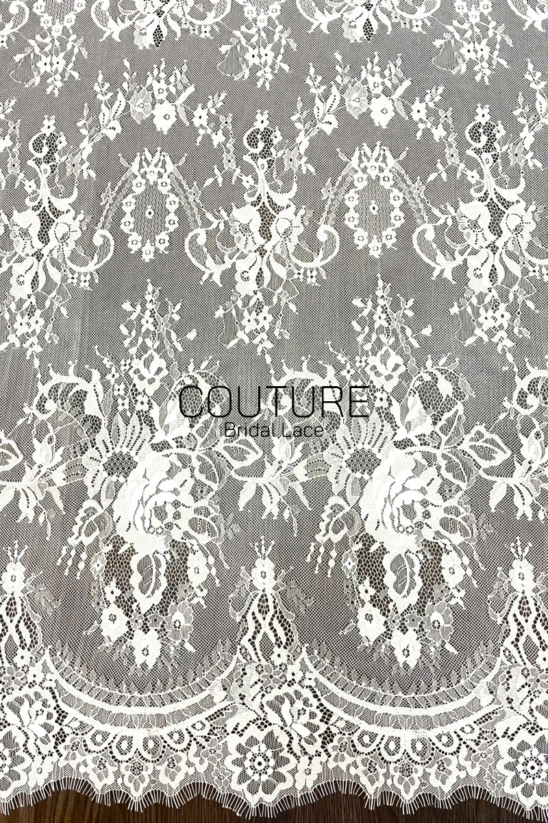 Chantilly Lace: White Dense Floral Medallion Damask Allover with Arch Ribbon Scalloped Border, 3 Meters