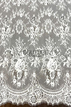 Chantilly Lace: White Dense Floral Medallion Damask Allover with Arch Ribbon Scalloped Border, 3 Meters