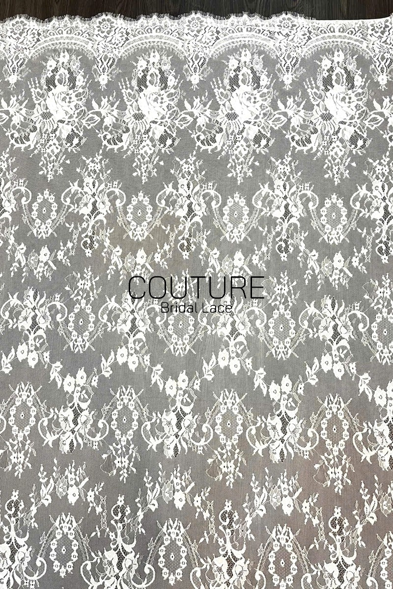 Chantilly Lace: White Dense Floral Medallion Damask Allover with Arch Ribbon Scalloped Border, 3 Meters
