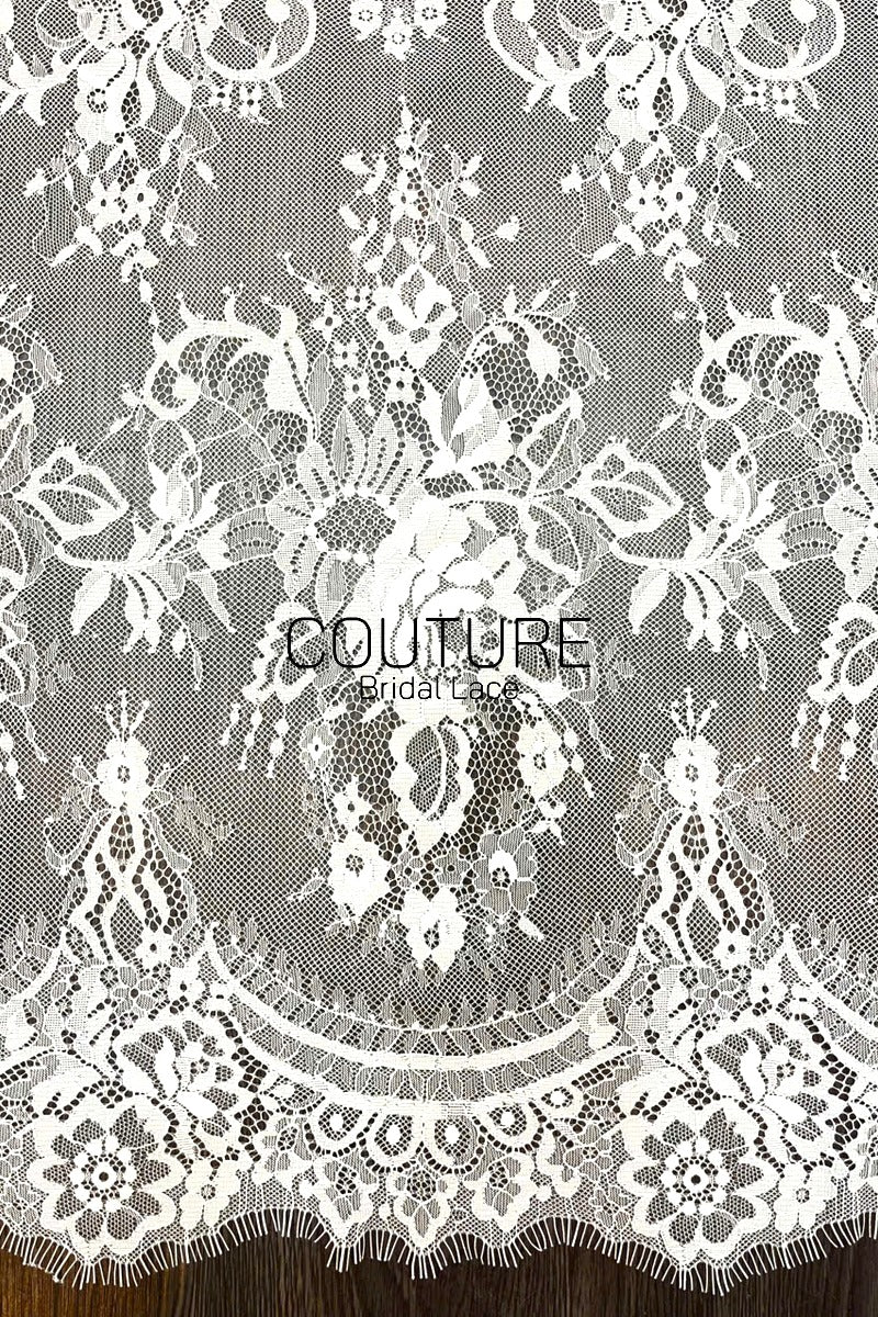 Chantilly Lace: White Dense Floral Medallion Damask Allover with Arch Ribbon Scalloped Border, 3 Meters