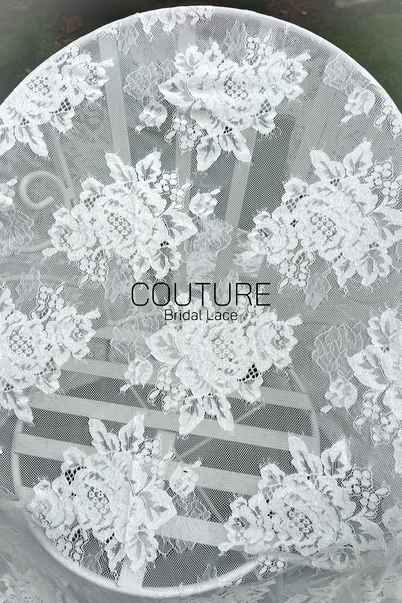 Chantilly Lace: White Large Rose Bouquet Clusters with Grape Accents and Eyelash Scalloped Border, 3 Meters
