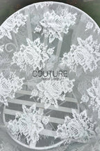 Chantilly Lace: White Large Rose Bouquet Clusters with Grape Accents and Eyelash Scalloped Border, 3 Meters