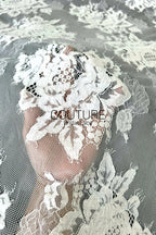 Chantilly Lace: White Large Rose Bouquet Clusters with Grape Accents and Eyelash Scalloped Border, 3 Meters
