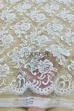 Chantilly Lace: White Allover Floral Bouquet Clusters with Scrolling Volute Vines, 1 Meter
