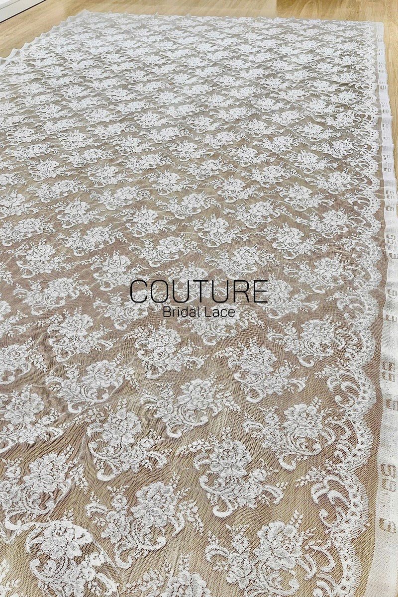 Chantilly Lace: White Allover Floral Bouquet Clusters with Scrolling Volute Vines, 1 Meter