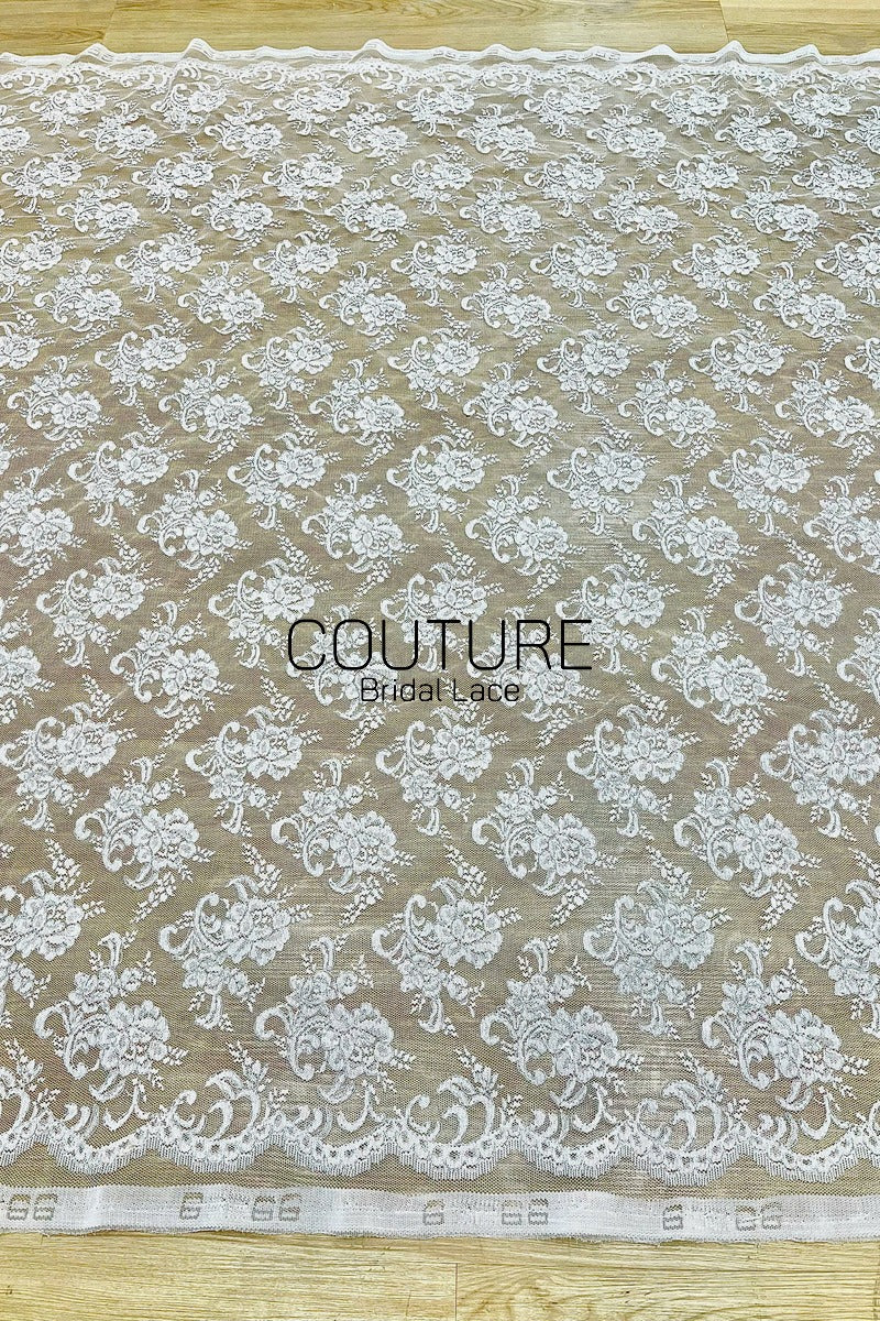 Chantilly Lace: White Allover Floral Bouquet Clusters with Scrolling Volute Vines, 1 Meter