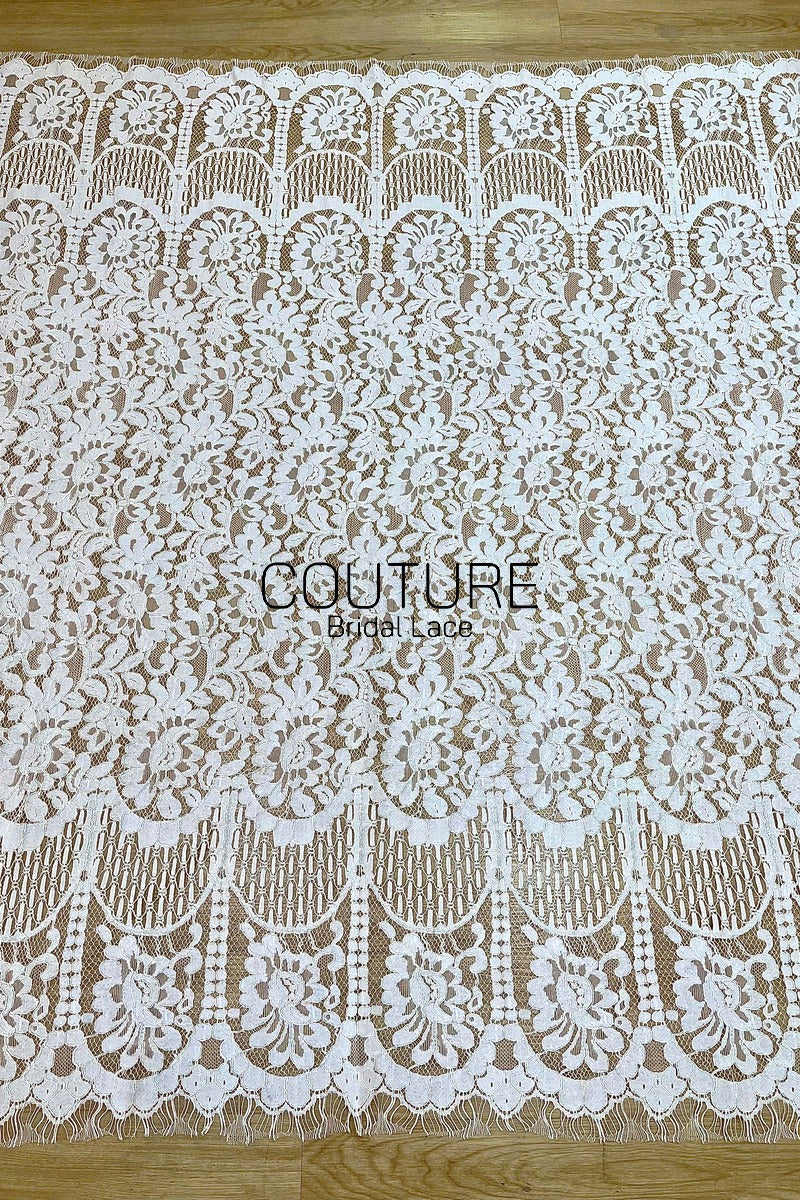Chantilly Lace: White Dense Allover Floral Clusters with Triple-Layer Curtain Openwork Border, 1.5 Meters