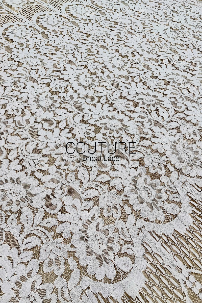 Chantilly Lace: White Dense Allover Floral Clusters with Triple-Layer Curtain Openwork Border, 1.5 Meters