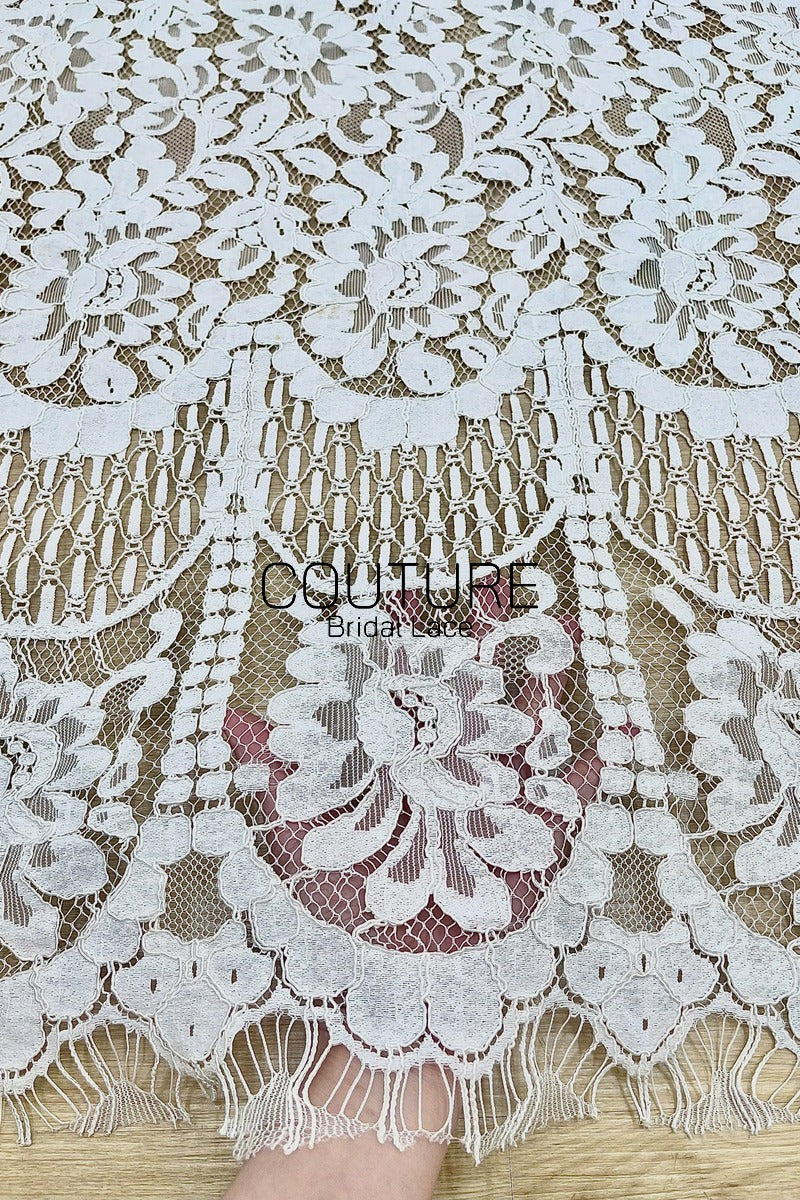 Chantilly Lace: White Dense Allover Floral Clusters with Triple-Layer Curtain Openwork Border, 1.5 Meters
