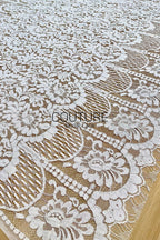 Chantilly Lace: White Dense Allover Floral Clusters with Triple-Layer Curtain Openwork Border, 1.5 Meters