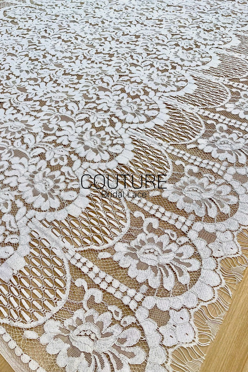 Chantilly Lace: White Dense Allover Floral Clusters with Triple-Layer Curtain Openwork Border, 1.5 Meters
