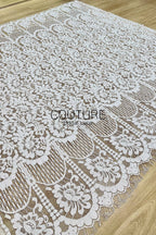 Chantilly Lace: White Dense Allover Floral Clusters with Triple-Layer Curtain Openwork Border, 1.5 Meters