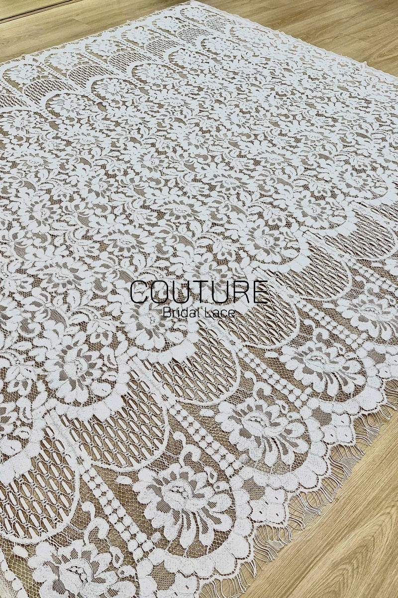 Chantilly Lace: White Dense Allover Floral Clusters with Triple-Layer Curtain Openwork Border, 1.5 Meters