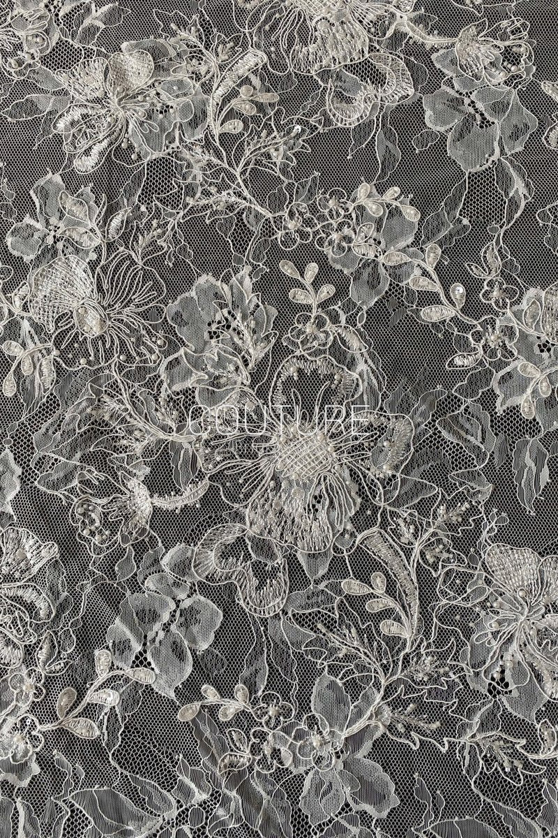 Beaded Chantilly Lace: Ivory Elaborate Floral Botanical Motifs with Ornate Scalloped Floral Edge Border, 3 Meters
