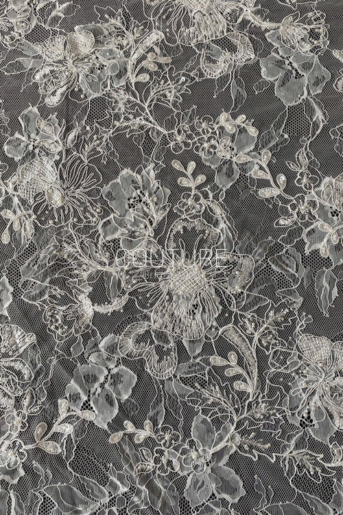 Beaded Chantilly Lace: Ivory Elaborate Floral Botanical Motifs with Ornate Scalloped Floral Edge Border, 3 Meters