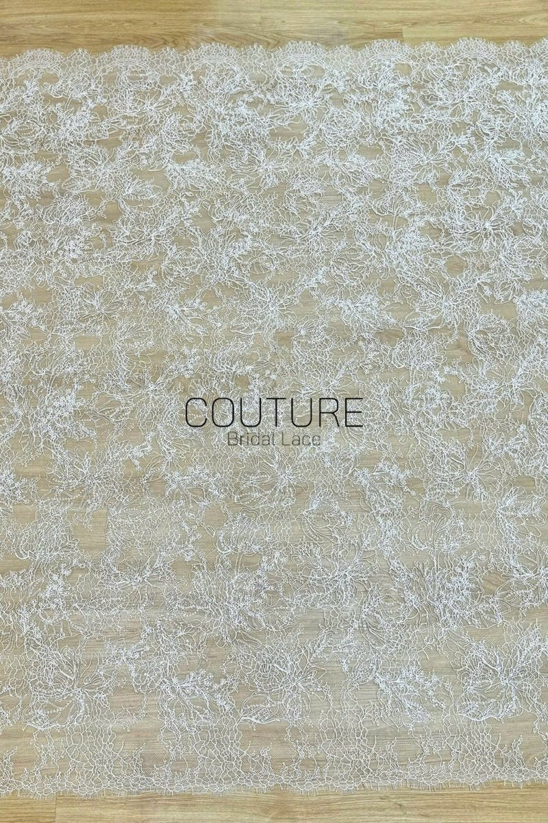 Beaded Chantilly Lace: Ivory Delicate Floral Vine with Scalloped Eyelash Fringe Edge, 3 Meters
