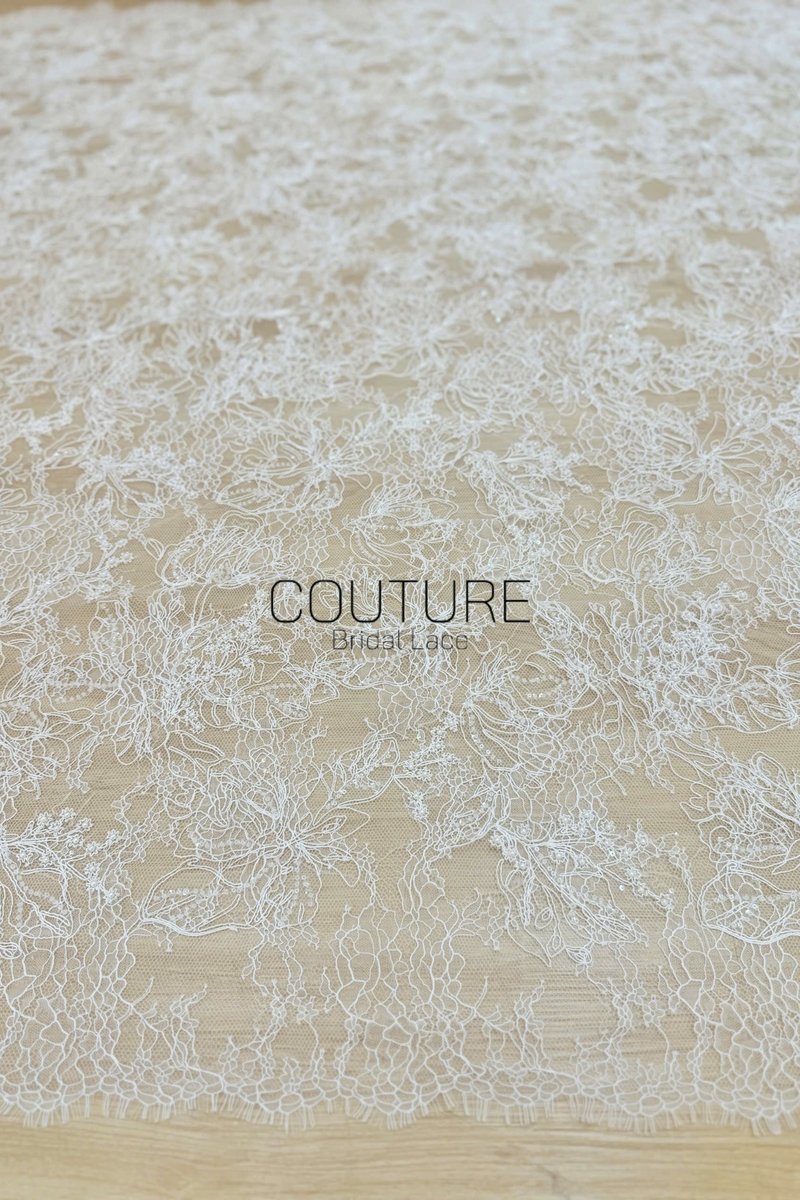 Beaded Chantilly Lace: Ivory Delicate Floral Vine with Scalloped Eyelash Fringe Edge, 3 Meters