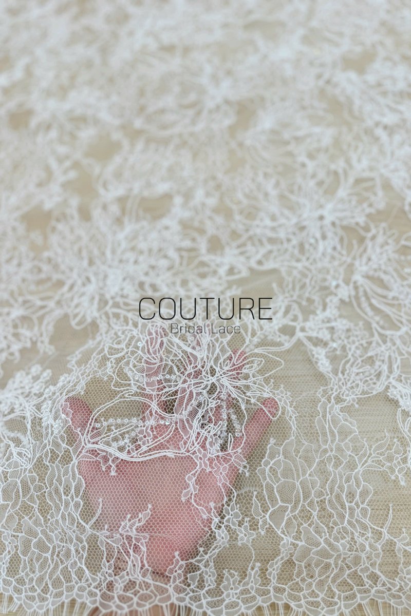 Beaded Chantilly Lace: Ivory Delicate Floral Vine with Scalloped Eyelash Fringe Edge, 3 Meters