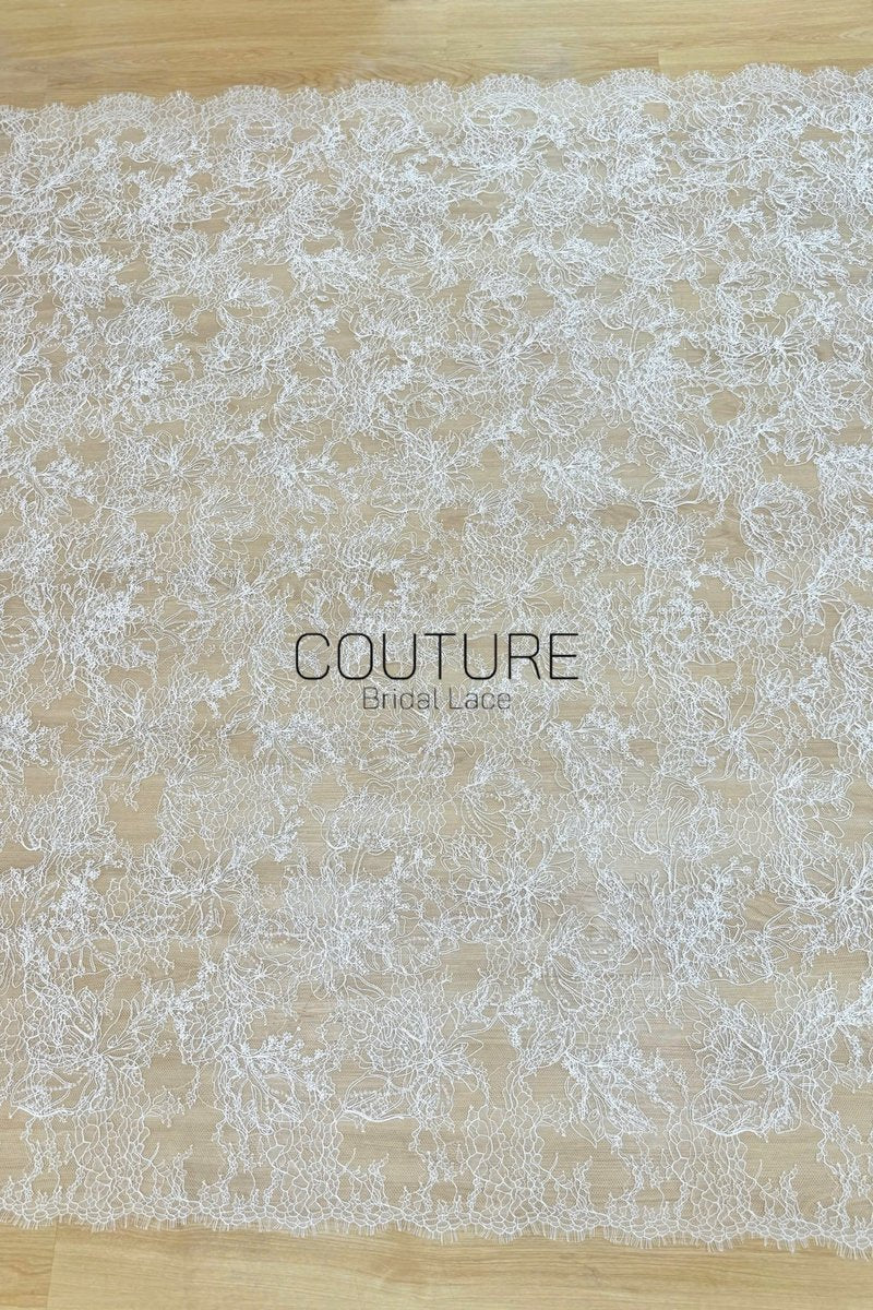 Beaded Chantilly Lace: Ivory Delicate Floral Vine with Scalloped Eyelash Fringe Edge, 3 Meters