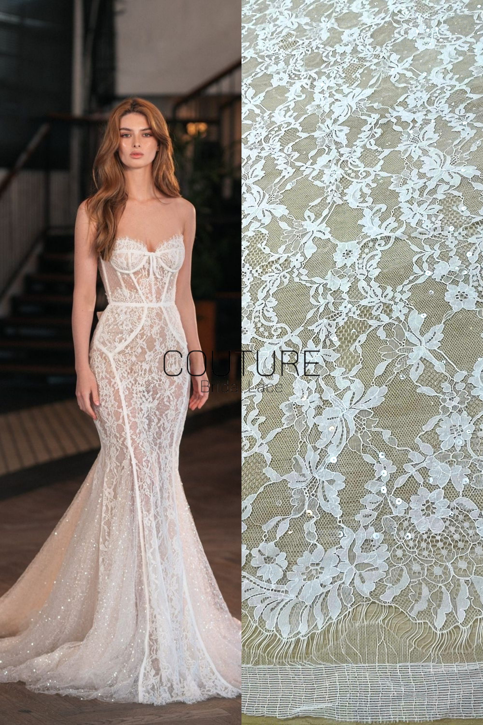 Chantilly French Lace: Couture Fabric with Luxury Pattern and Clear Sequins (3 Meters)